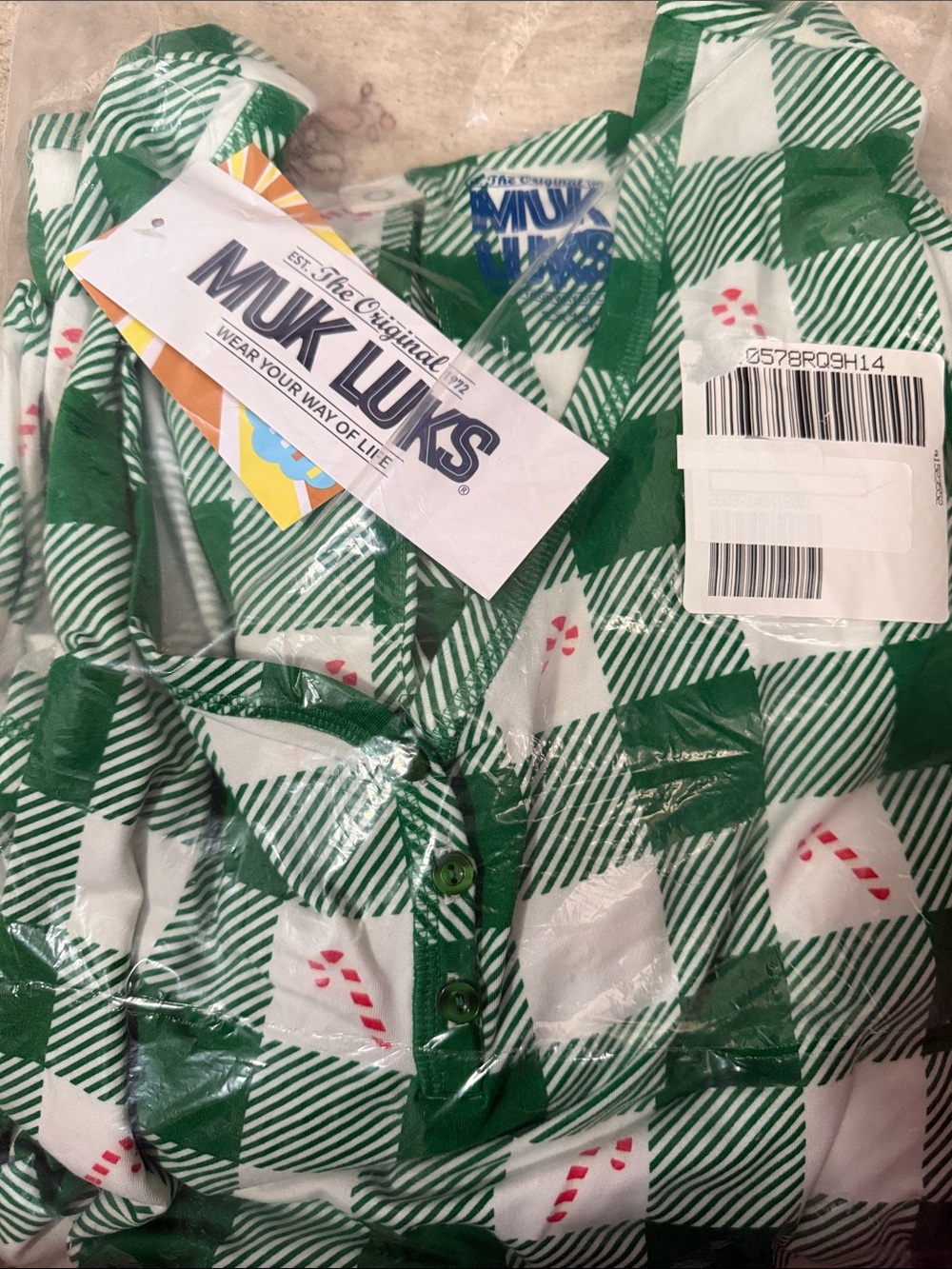Muk Luks Dream Cloud Green and White Plaid Candy Cane Cozy Holiday Jumpsuit 2X
